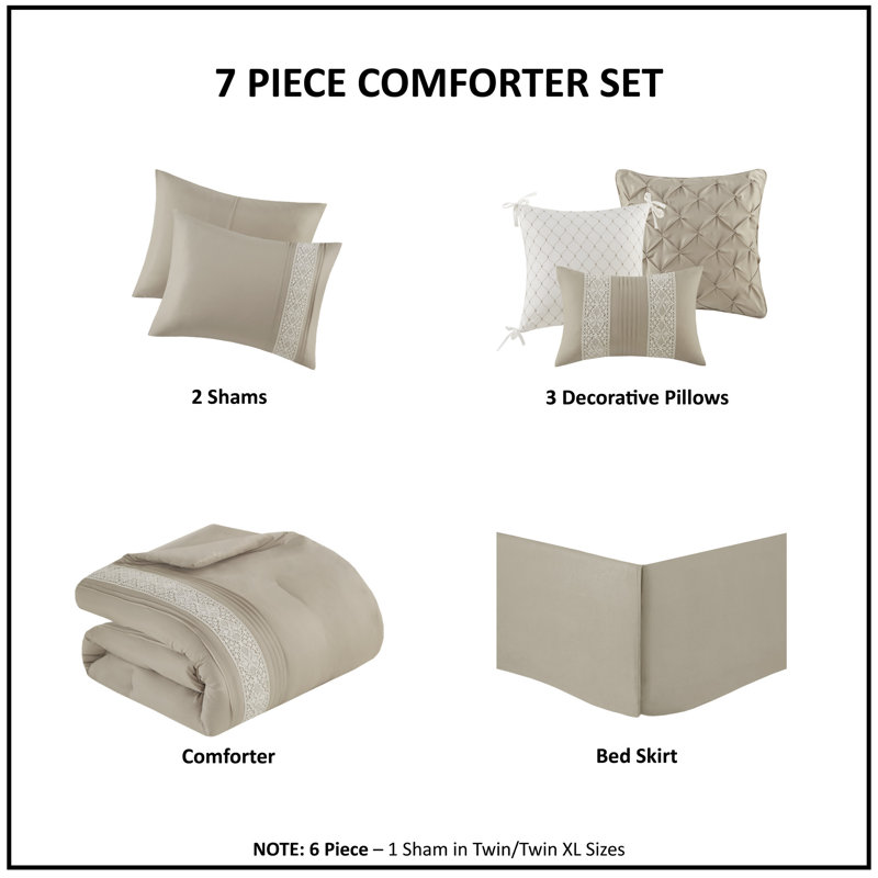 Taupe King 7-Piece Microfiber Comforter Set with Decorative Crochet