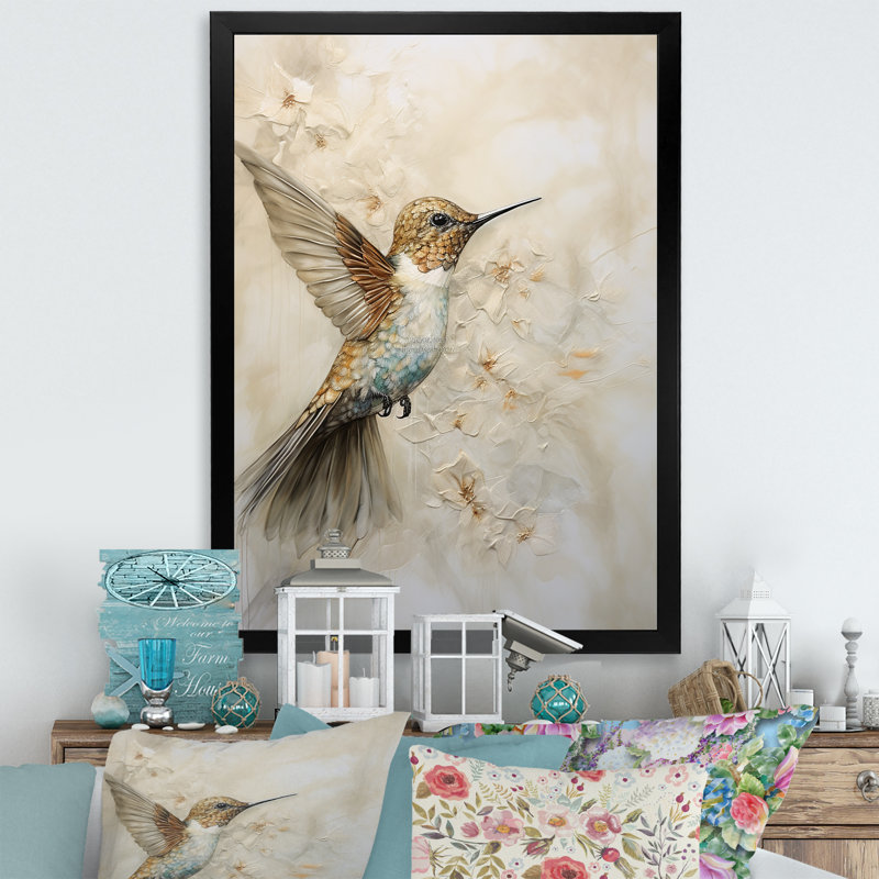 Fluttering Floral Hummingbird III - Print on Canvas, Black Single Picture Framed, 32" H x 16" W x 1" D