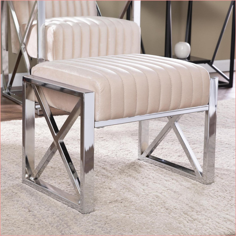 Ottoman, Champagne Velveteen – Multifunctional for Living Room/Vanity/Desk | Chrome Silver | Metal