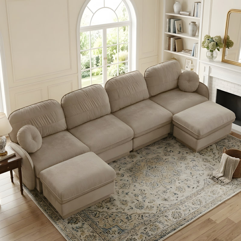 U-shaped sofa, deep-seated sofa with a removable ottoman, 37.4" H x 137" W x 57.8" D, Light Coffee Chenille