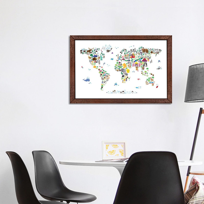 Animal Map Of The World by Michael Tompsett - Print on Canvas, 152.5 cm H x 101.5 cm W, Brown Framed