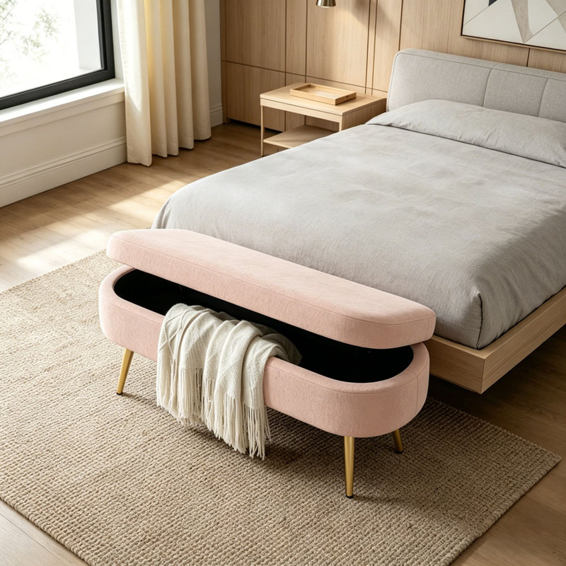 Ottoman Oval Storage Bench ith Metal Legs, Pink