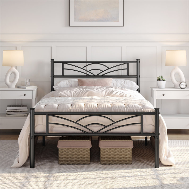 88.5cm Height Metal Bed Frame with Cloud-inspired Design Headboard, Black, Single (3')