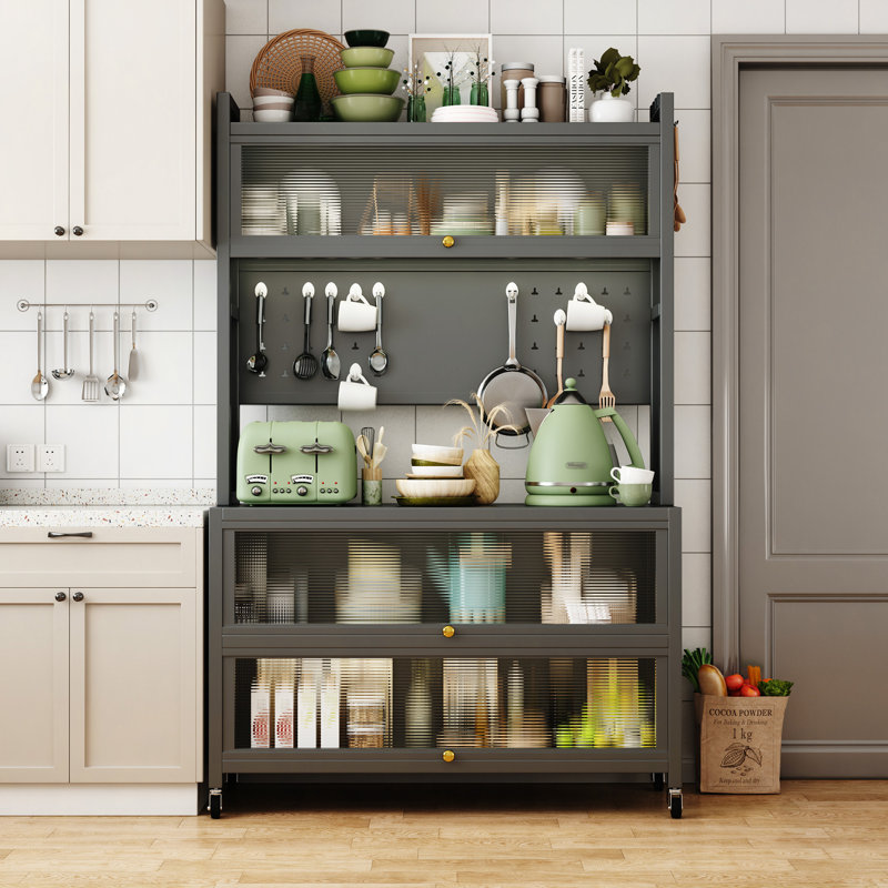 Étagère de boulanger de cuisine de 65 po de hauteur avec armoire à portes rabattables, buffet multifonctionnel à 5 niveaux pour micro-ondes, bar à café, assemblage rapide