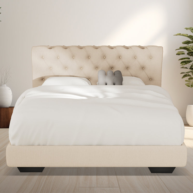 Structure de lit rembourrée en tissu de lin avec tête de lit réglable / style Chesterfield / support à lattes de bois, Beige