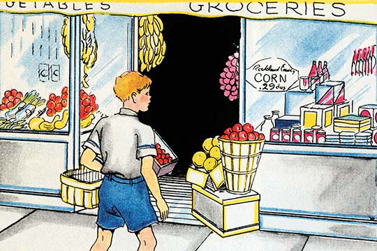 « a triping to the épicerie store » par julia letheld hahn, reproduction d’art, 24 po x 36 po