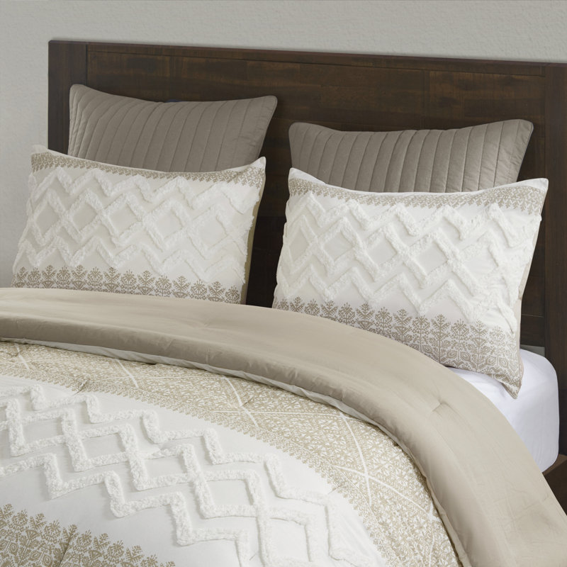 Taupe and White Cotton Full Comforter Set with Chenille Tufting