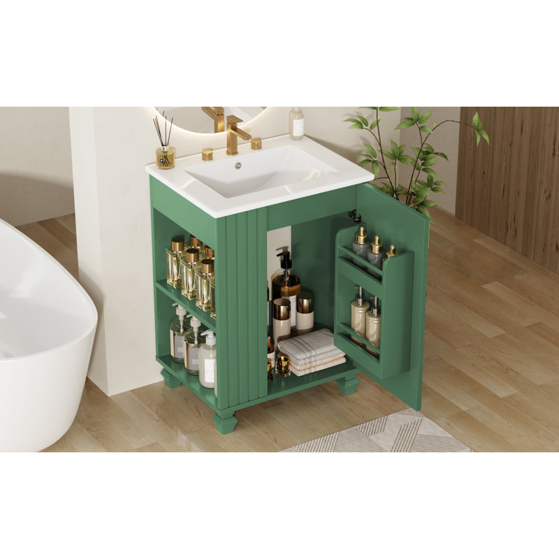 Meuble-lavabo 24 po avec lavabo lisse, structure en pin massif, rangement latéral ouvert, 2 tablettes, charnières, poignées en métal à finition classique, conception sous l'évier