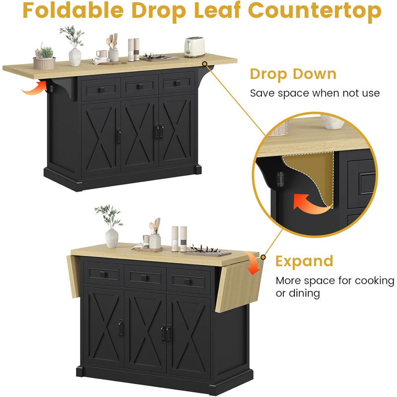 71.3" Large Kitchen Island with Drop Leaf, Power Outlet, Kitchen Rolling Island Cart w/ 3 , Island Table with Trash Storage Cabinet & 3 Large Storage Rack, Spice Rack, White