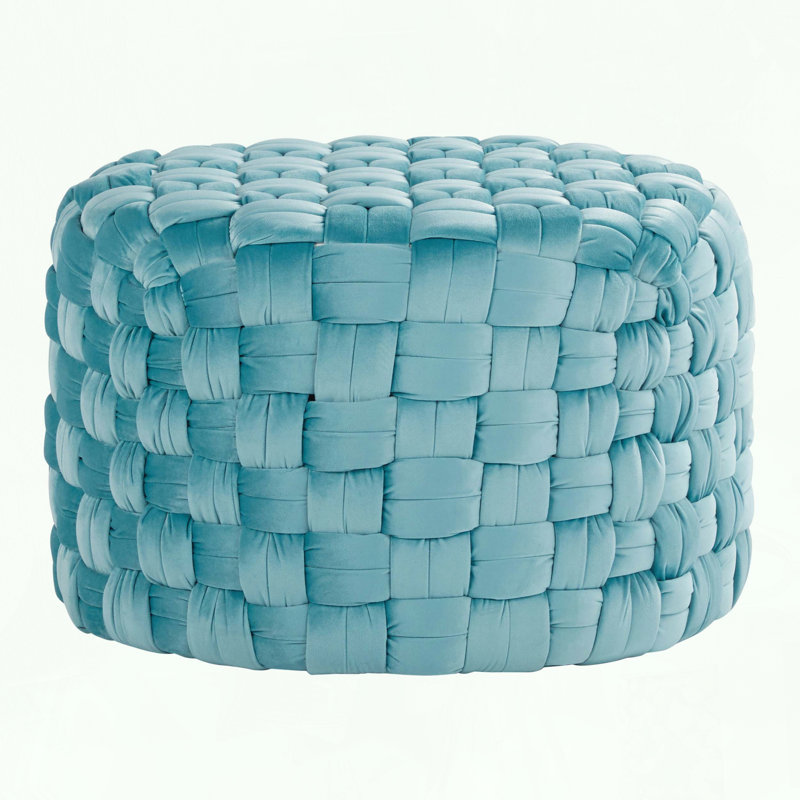 Repose-pieds rond tressé avec velours bleu glacier, Bleu