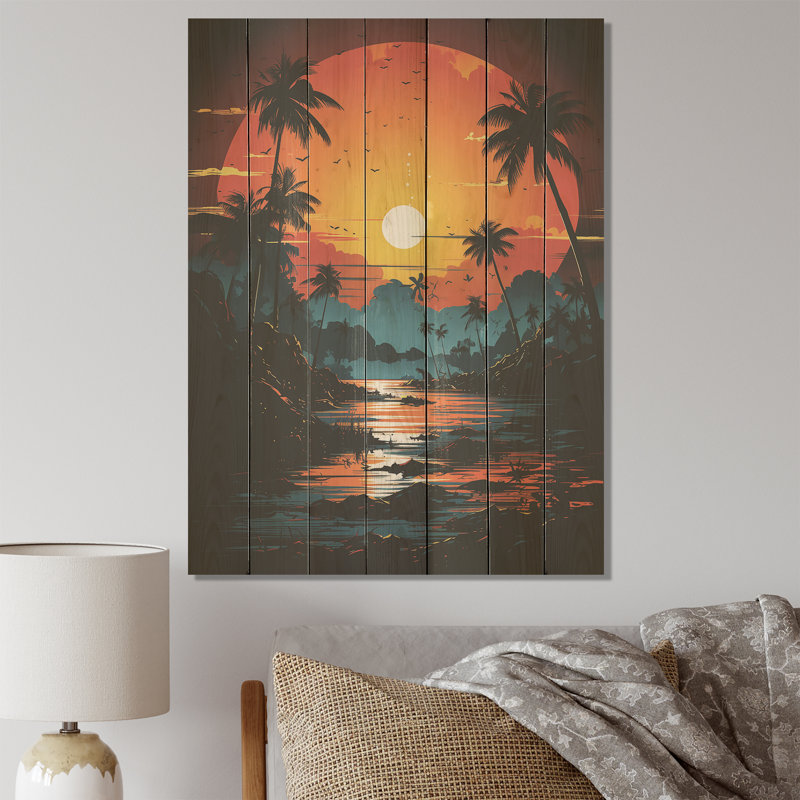 Coucher de soleil sur un paysage tropical orange et noir - paysage abstrait sur bois, H 44 po x l 34 po