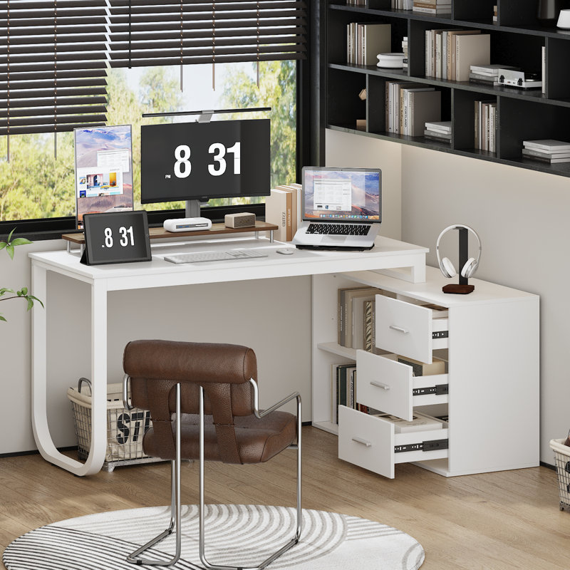 140cm Rotating L-Shaped Desk with 3 Drawers & Storage Shelves - Reversible Home Office Corner Desk, White, White