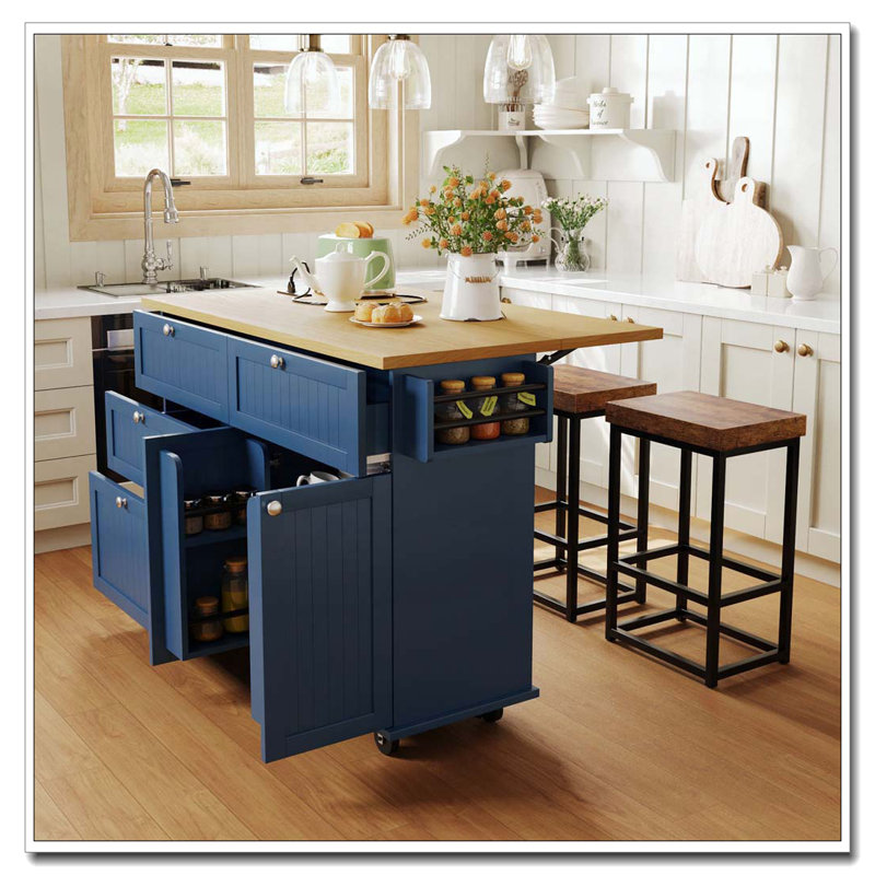 Farmhouse Kitchen Island on Wheels with Drop Leaf and 2 Seatings, Kitchen Cart Set with Storage Cabinet, Drawers, Door Shelves and Power Outlet