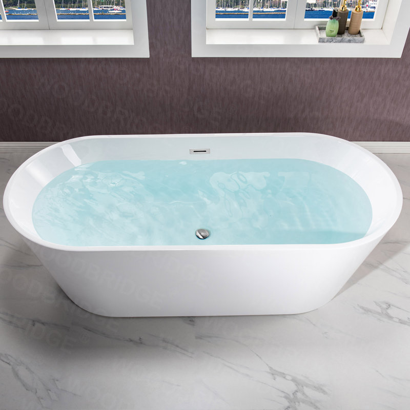 Baignoire de trempage autoportante en acrylique 71 po x 31,5 po, Blanc / chrome poli