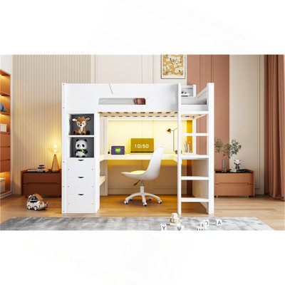 Lit mezzanine en bois avec bureau en forme de U, lumières DEL RVB intelligentes et ports USB, canapé-lit multifonctionnel à 3 tiroirs et tablettes de rangement pour adolescents