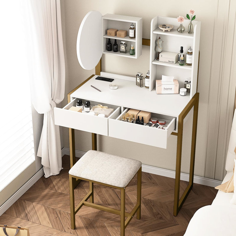 Vanity Desk For Bedroom With 3 Lighting Modes, Built - In Power, Drawer, Open Shelves And Padded Stool, White Gold Makeup Table Led Mirror, Adjustable Lighting, Power Outlet,