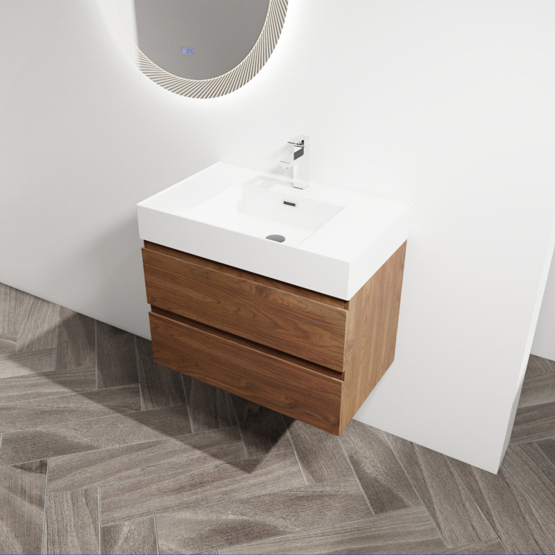 Meuble-lavabo mural avec lavabo en résine, 30", Chêne brun