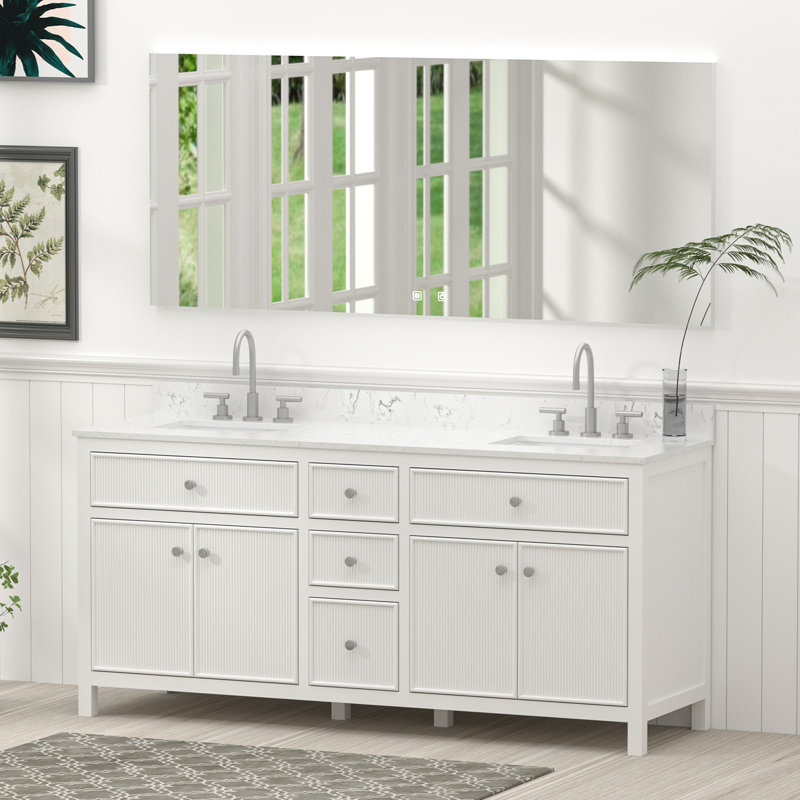 Meuble-lavabo double 72 po en bois massif avec plateau, 72"