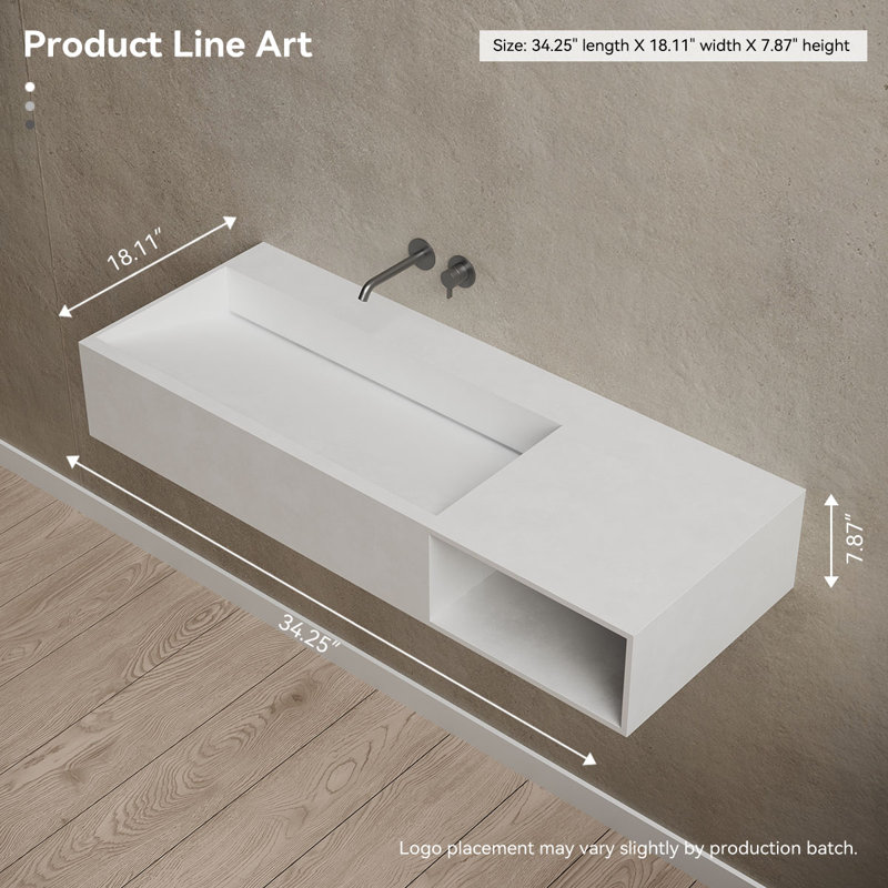 Lavabo de salle de bain mural rectangulaire à surface solide 34 "x 18" Monblari blanc mat, Blanc mat