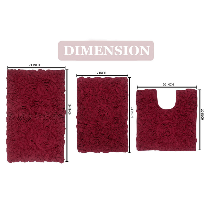 Freida Plush Floral Bath Rug Set (Set of 3), Red