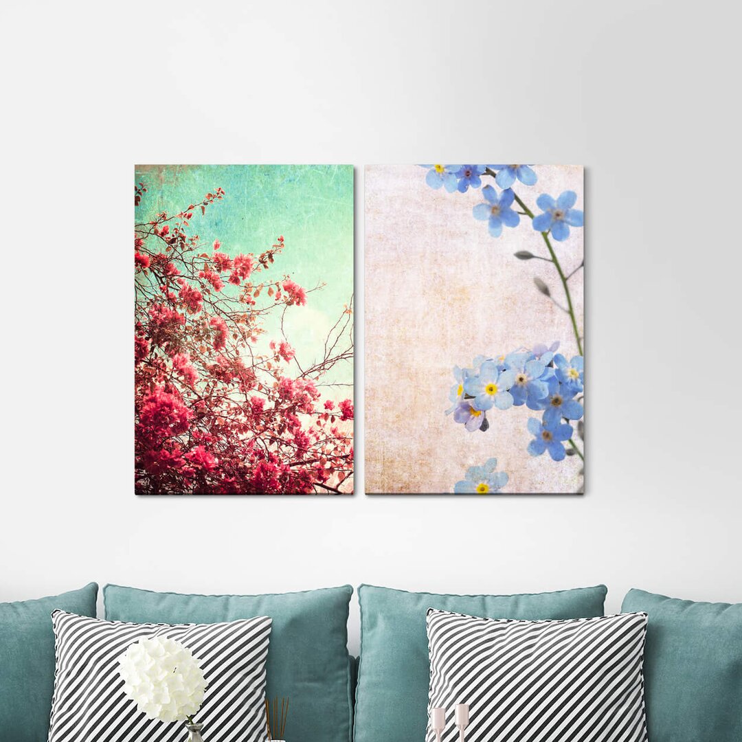 2-tlg. Leinwandbilder-Set - Grafikdruck „Tree Blossoms Red Blue Spring Warm”