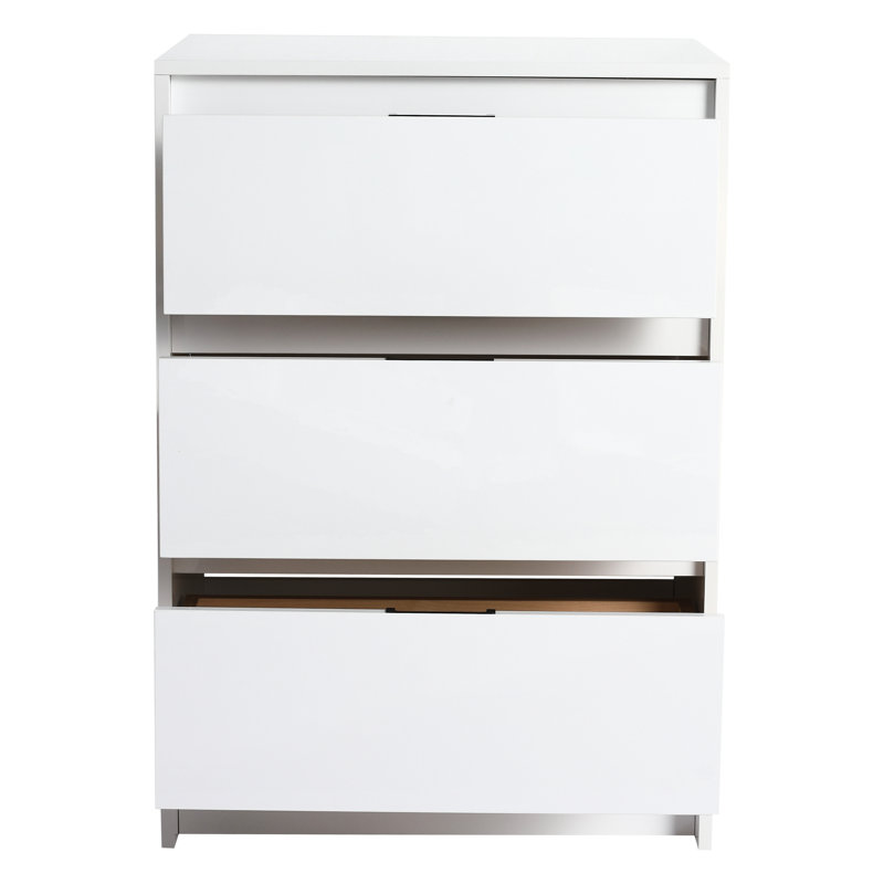Armoire de rangement autoportante blanche lustrée 24 po, 3 tiroirs à fermeture douce, pour la salle de bain, la chambre à coucher et l'armoire d'organisation avec pièce idéale