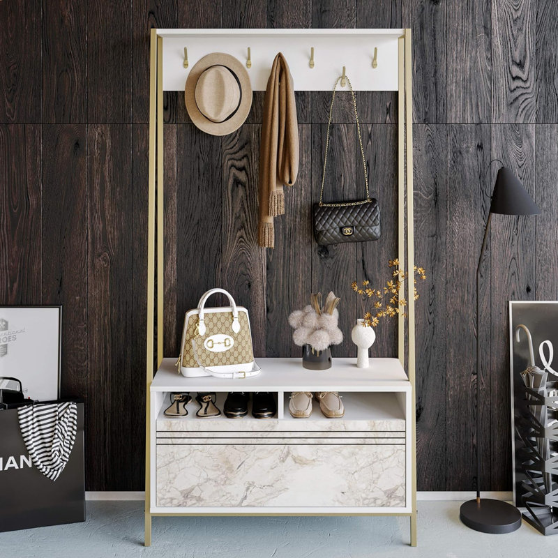 Hopewell Hall Tree with Bench and Shoe Storage, White/Ephesus Gold