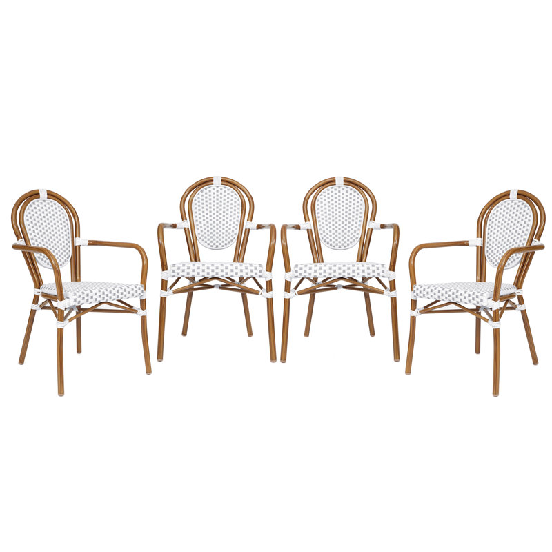 Comeaux Stacking All-Weather Commercial Paris Chairs with Arms and Metal Frames, White/Gray/Natural