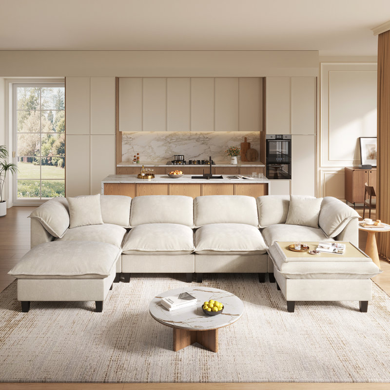  143.7" Chenille Modular Sectional Sofa With Storage Ottoman, Washable Cushion Covers, Padded Armrests, Extra-Thick Deep Cushions, Tool-Free Assembly, Beige
