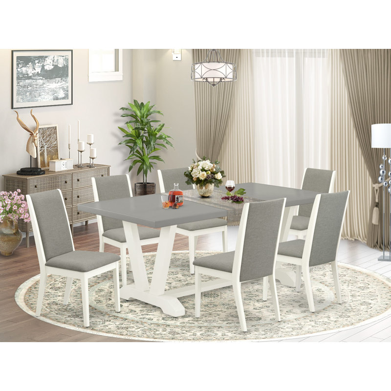 7-Piece Dining Set Contains a Cement Mid Century Table and 6 Dark Shitake Linen Fabric Parson Dining Chairs with High Back - Wire Brushed Linen White.