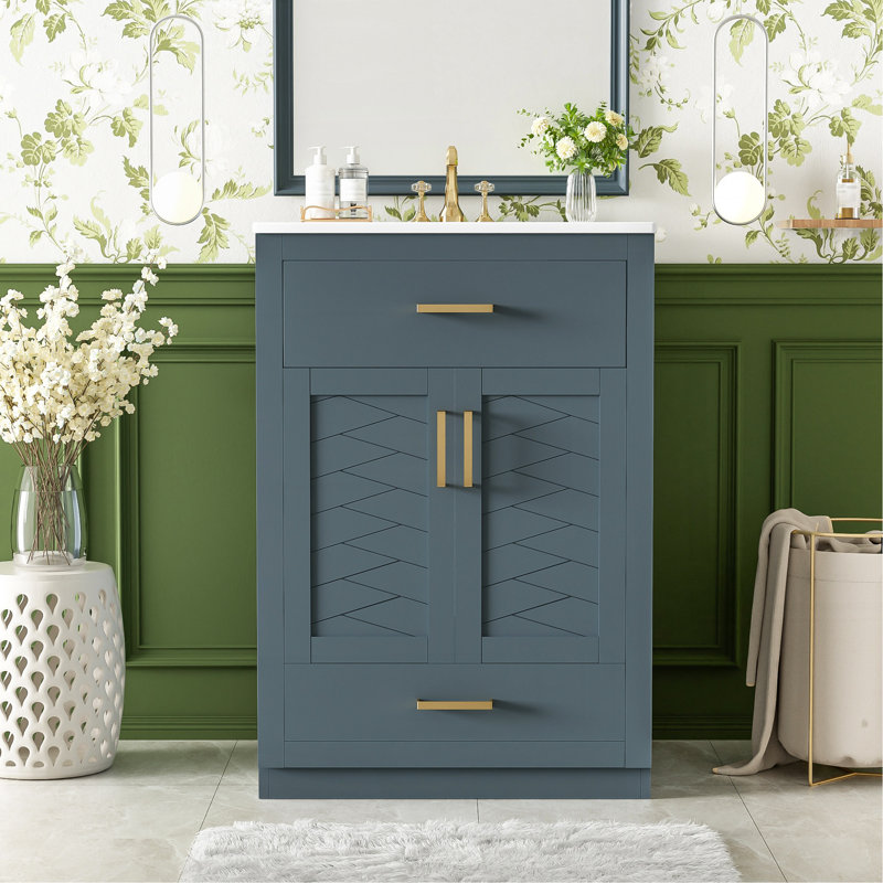 Meuble-lavabo 24 po avec lavabo intégré en céramique, meuble-lavabo à 2 portes, 1 tiroir basculant et meuble-lavabo simple pour salle de bain de petite et moyenne taille, bleu