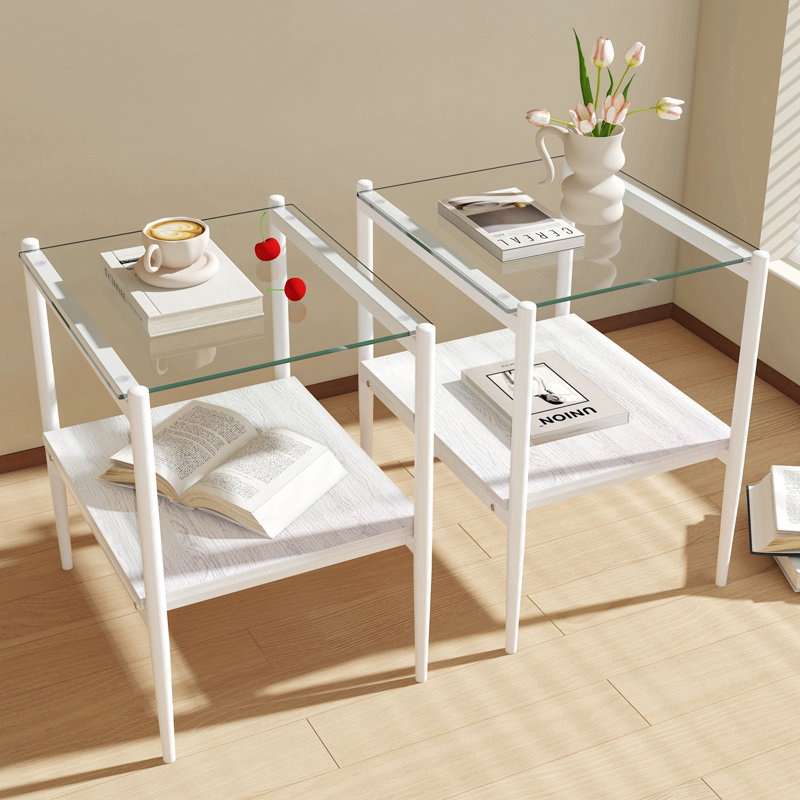 Set of 2 Rectangle End Table, Tempered Glass Tabletop with MDF layer, Glass, White, Transparent