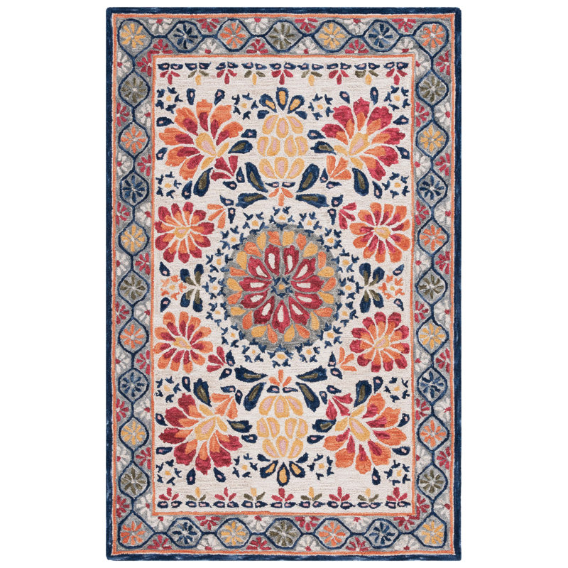 Onasis Hand Tufted Wool Cotton Floral Rug in Red/Ivory, Rectangle 3' x 5'