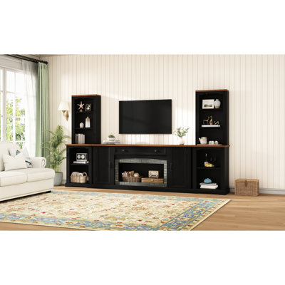 Meuble 3 téléviseurs avec armoires latérales incurvées, centre de divertissement en noyer noir, style rétro, rangement polyvalent et tablettes réglables, pour un salon au design moderne,