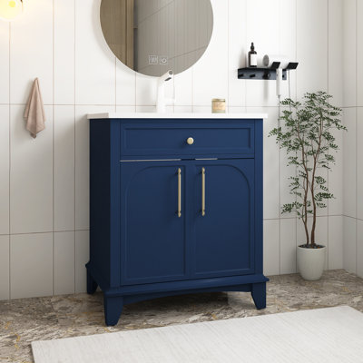Ensemble de meuble-lavabo moderne avec surface peinte, meuble-lavabo autoportant avec rangement, meuble-lavabo haut de gamme avec poignées en métal, bleu