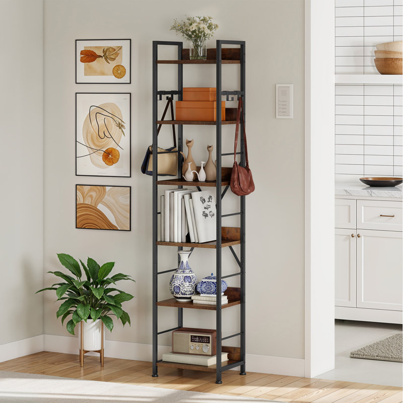 17 Stories 6-Tier Floor Standing Bookcase With 4 Hooks, Brown