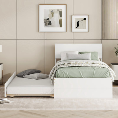 Full Bed With Twin Trundle And 2 Practical Organizing Drawers In Luxurious White High Gloss Oak Modern Frame Glossy Finish. Build. Contemporary Aesthetic. Space Function. Simple Assembly