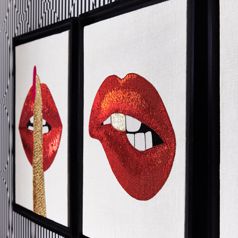 Hand-Beaded Red Lips and Finger Black Framed Wall Art