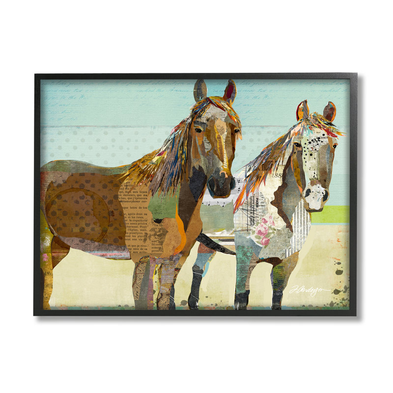 " Wild Farm Horses Layered Newsprint Arrangement " by Traci Anderson, 11" H x 14" W x 1.5" D, Midnight Black Framed Giclee