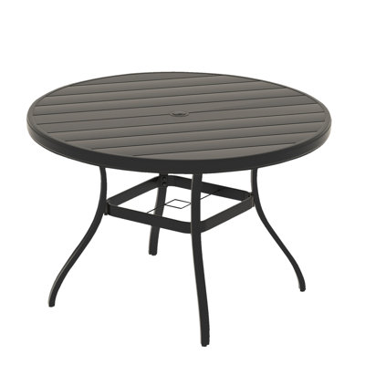 Outdoor Round Patio Table For 6 - 7, All Weather Metal Dining With Umbrella Hole, Powder Coated Rust , Bent Legs Better Stability, Hand Polished Finish, Ideal Garden Gathering Black Leg Design