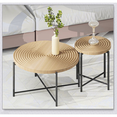 Ensemble de tables basses et de tables de bout 2 pièces avec panneau de fibres à densité moyenne imperméable, housse en PVC, conception cylindrique vieillie et pieds en métal noir pour un charme rustique classique