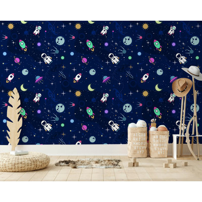Kids Space Rockets and Astronauts Wallpaper Navy
