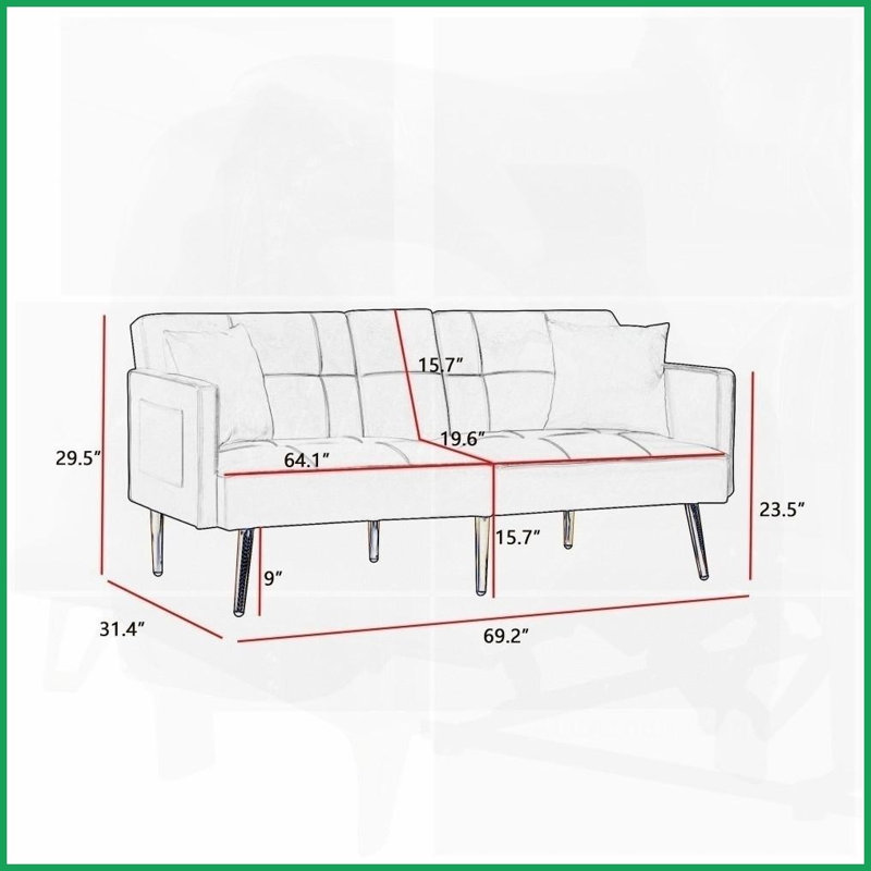 Futon canapé-lit en velours noir avec pieds en métal doré - 3 positions réglables, poches latérales et amp; Porte-gobelets pour petits espaces