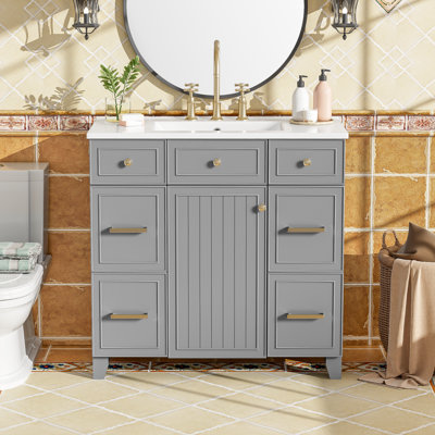 Meuble-lavabo 36 po avec lavabo en céramique, structure en bois massif, portes à fermeture douce, tablettes réglables, 3 tiroirs