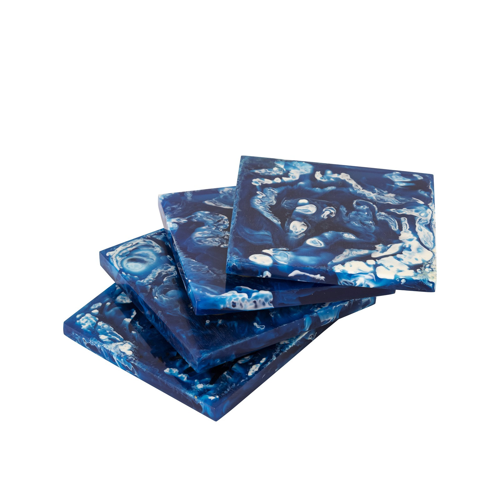 Set Of 4 Square Coasters Resin Dia 3.9", Blue