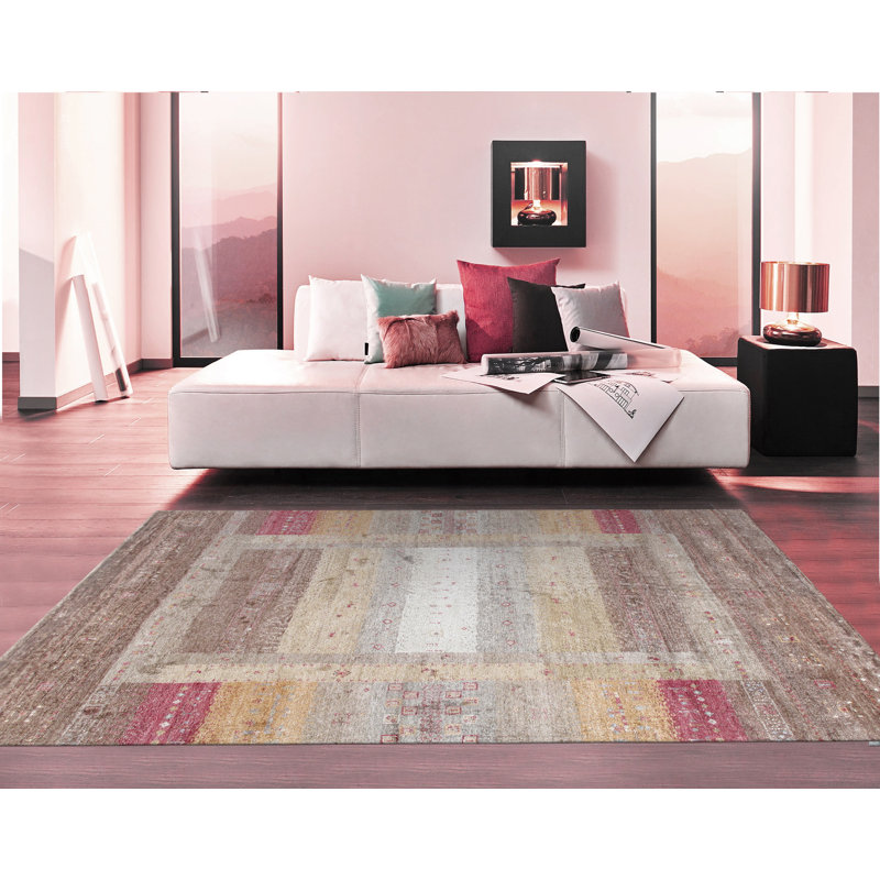 Tapis rose / brun / gris en soie noué à la main Tribal Southwestern, Rectangle 5 pi 9 po x 7 pi 9 po