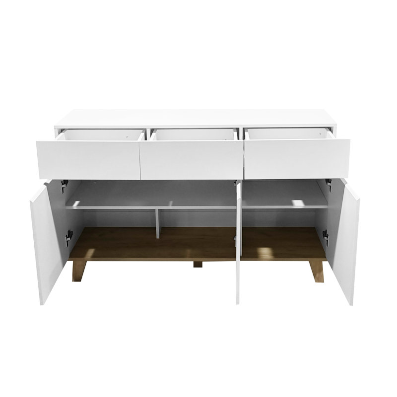 Commode blanche 3 tiroirs et 3 portes, commode de rangement moderne sans poignée avec pieds en bois naturel massif, armoire à tiroirs minimaliste pour le salon de la chambre à coucher, simple à installer