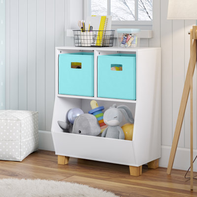 RiverRidge Kids Catch-All 24in Toy Storage Organizer with 2 Cubbies and 2 Storage Compartments - White with 2 Fabric Bins