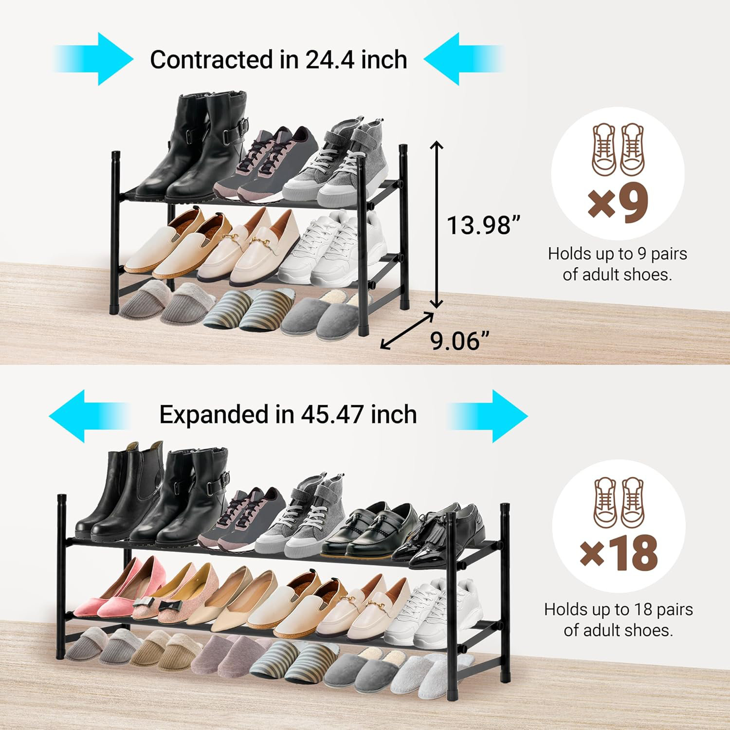 1 Step Shoe Rack Latitude Run® 2-Tier Shoe Rack For Closet And Entryway | Expandable And ...