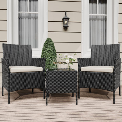 3-Piece Outdoor Rattan Bistro Set with Tempered Glass Table and 2 Cushioned Chairs for Patio, Balcony, or Poolside